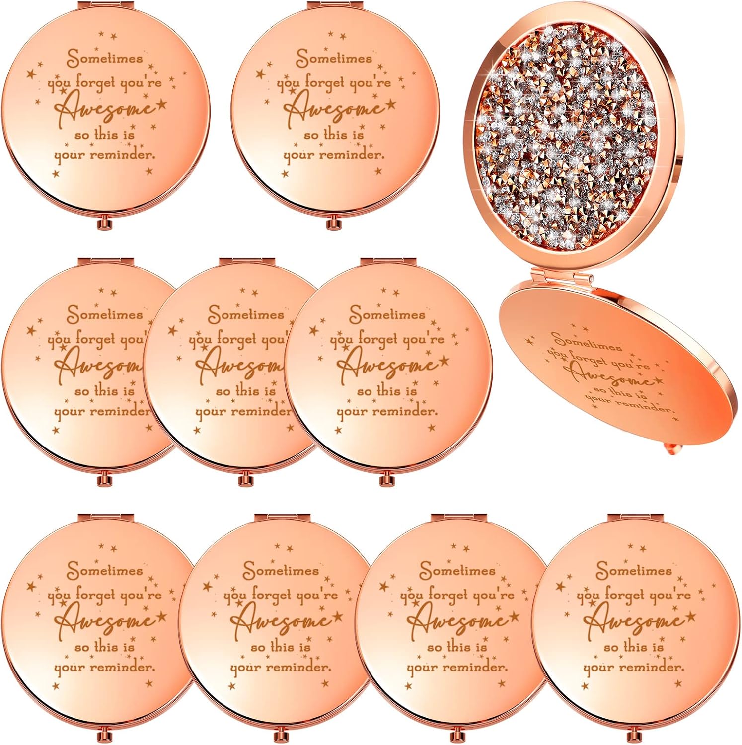Roowest inspirational compact mirror set front view showing rose gold rhinestone casing