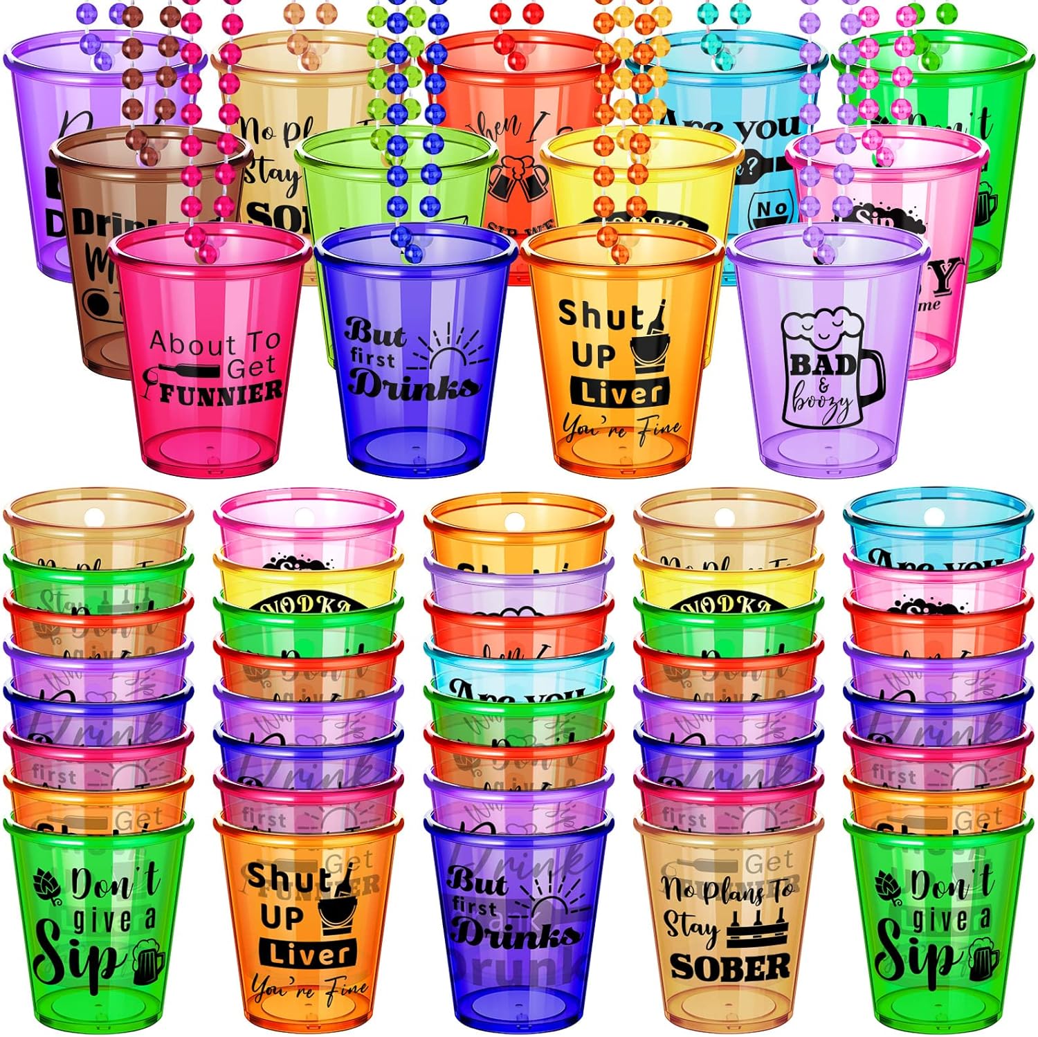 Janmercy 39 pieces shot glass on beaded necklace front view showing assorted colors