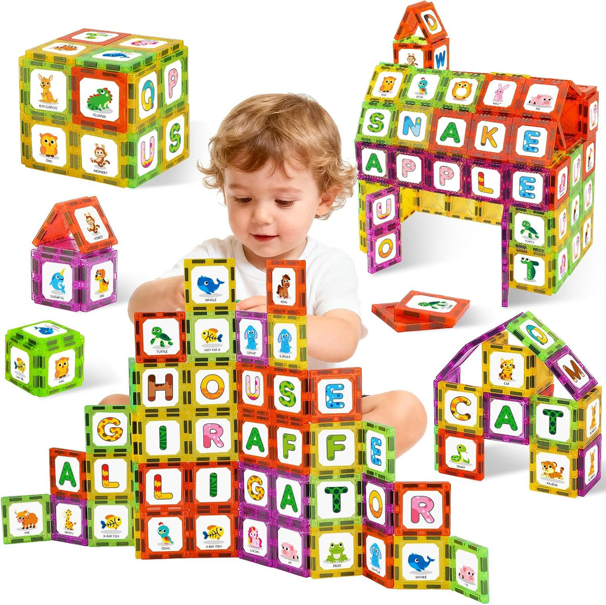 Windidi magnetic tiles letters learning toys front view showcasing colorful animal alphabet blocks.