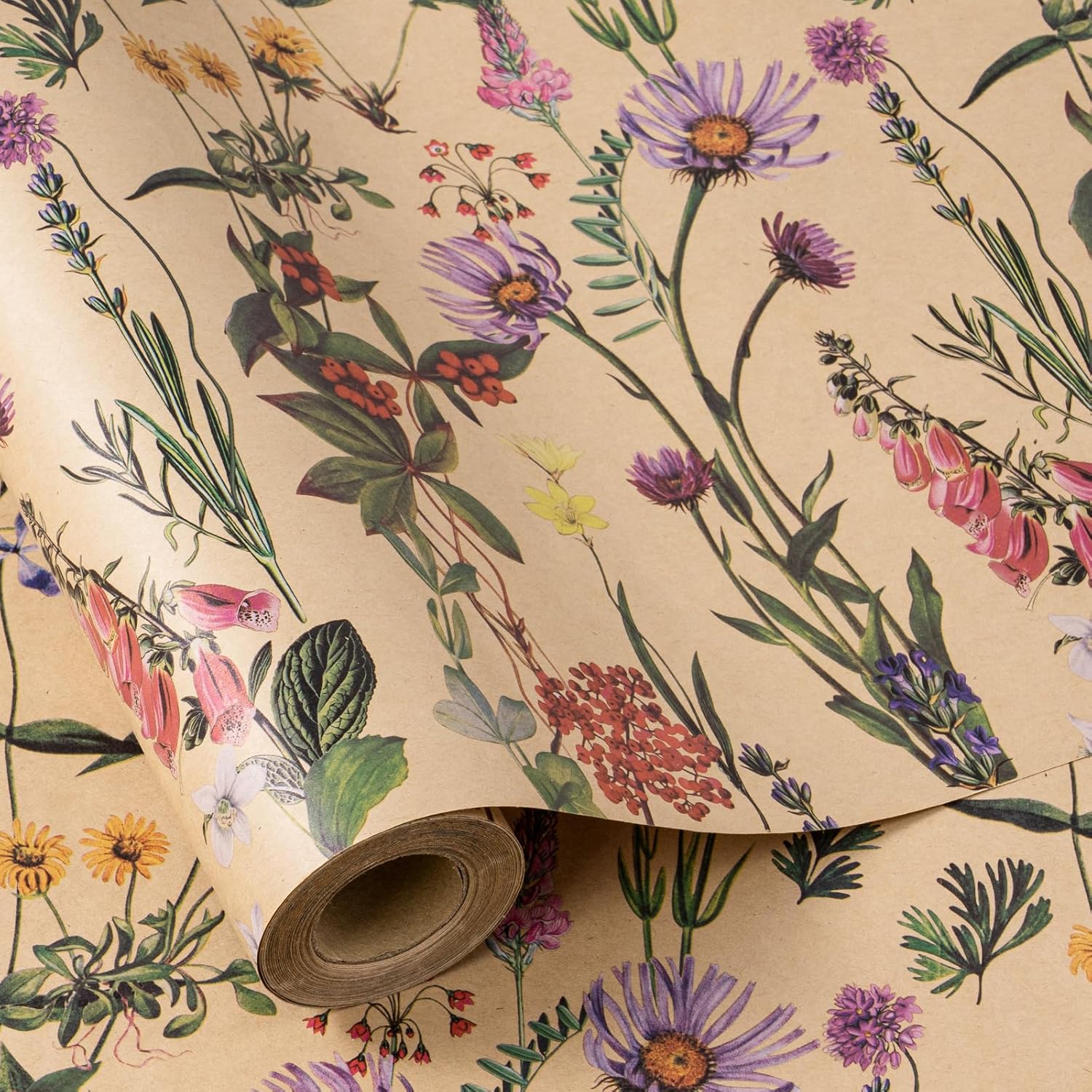 RUSPEPA wildflower floral wrapping paper roll showing colorful vintage botanical prints on rustic kraft paper