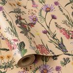 RUSPEPA wildflower floral wrapping paper roll showing colorful vintage botanical prints on rustic kraft paper