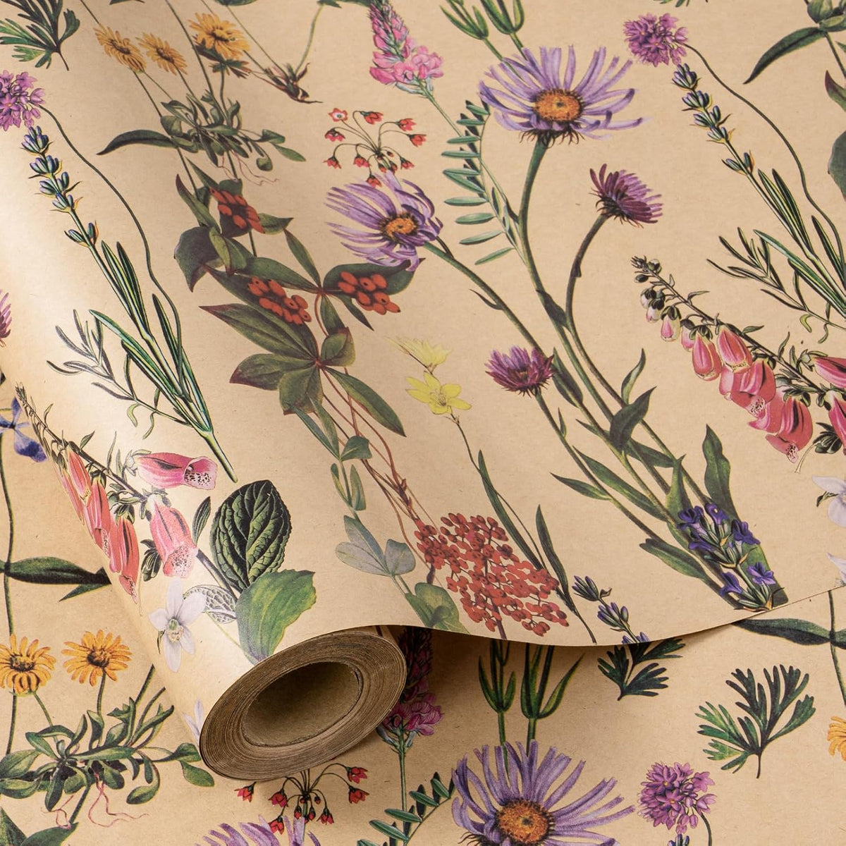 RUSPEPA wildflower floral wrapping paper roll showing colorful vintage botanical prints on rustic kraft paper