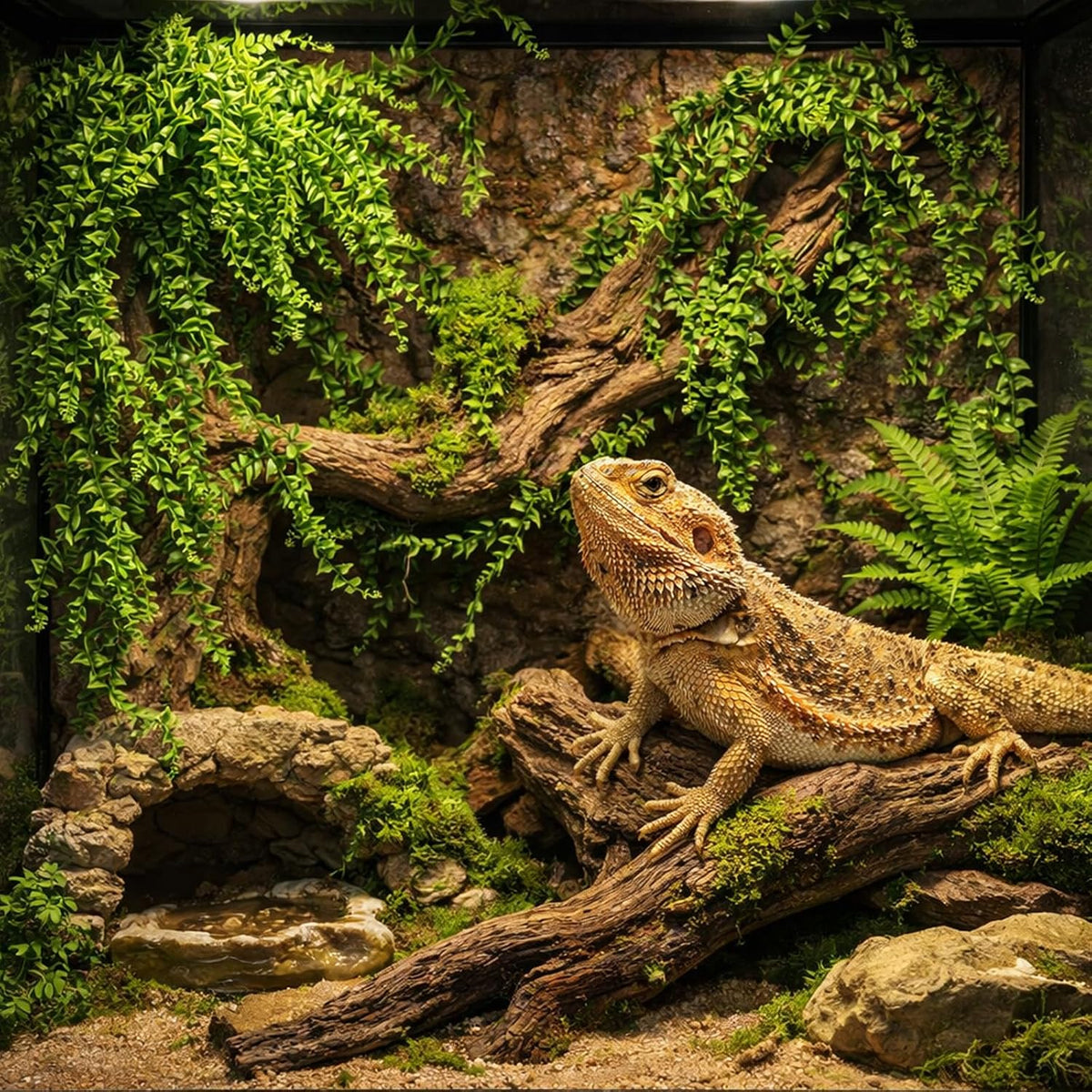 Bearded dragon exploring around Hercocci artificial vines