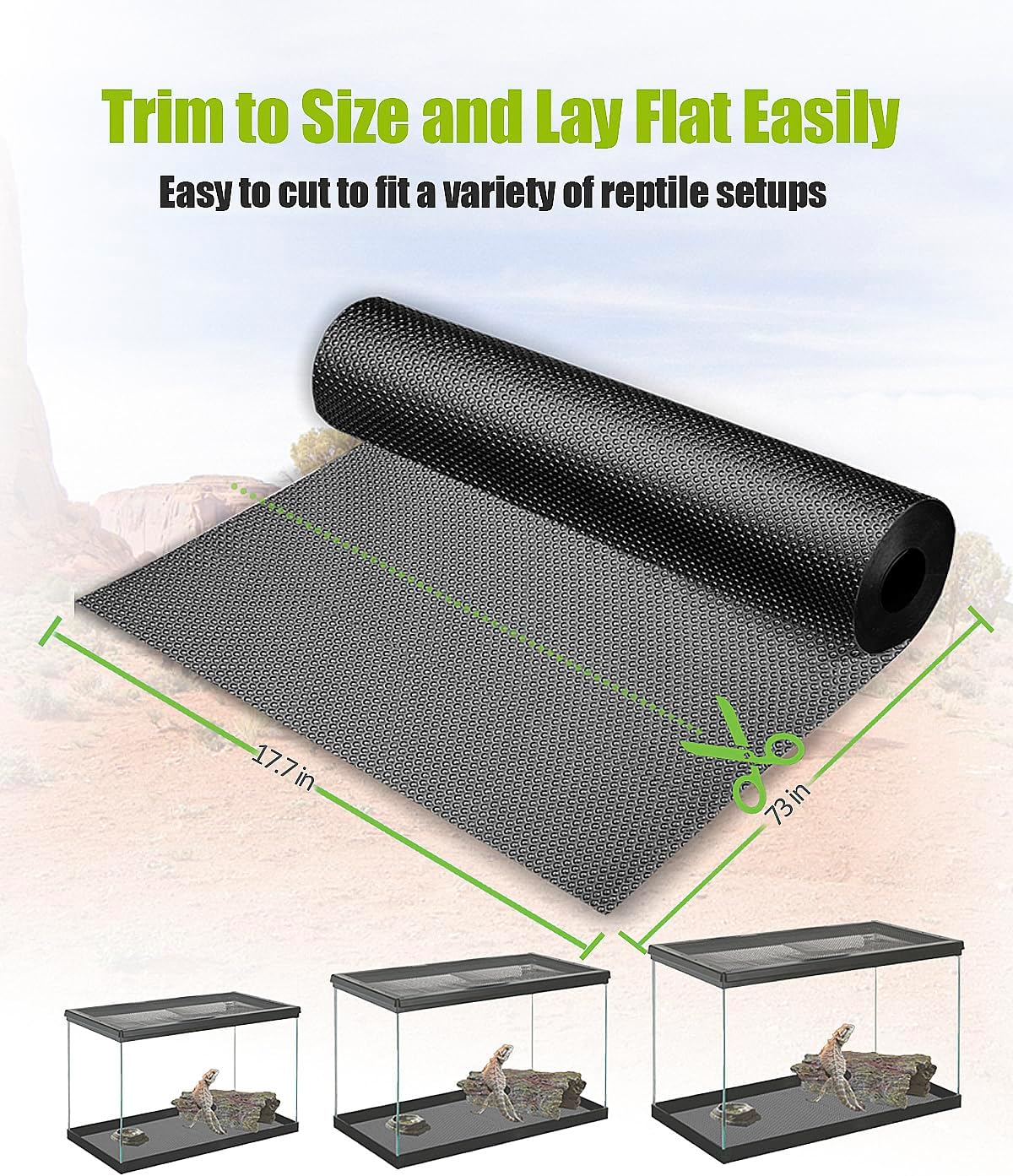 Helidrago waterproof reptile flooring roll alongside scissors showing custom sizing