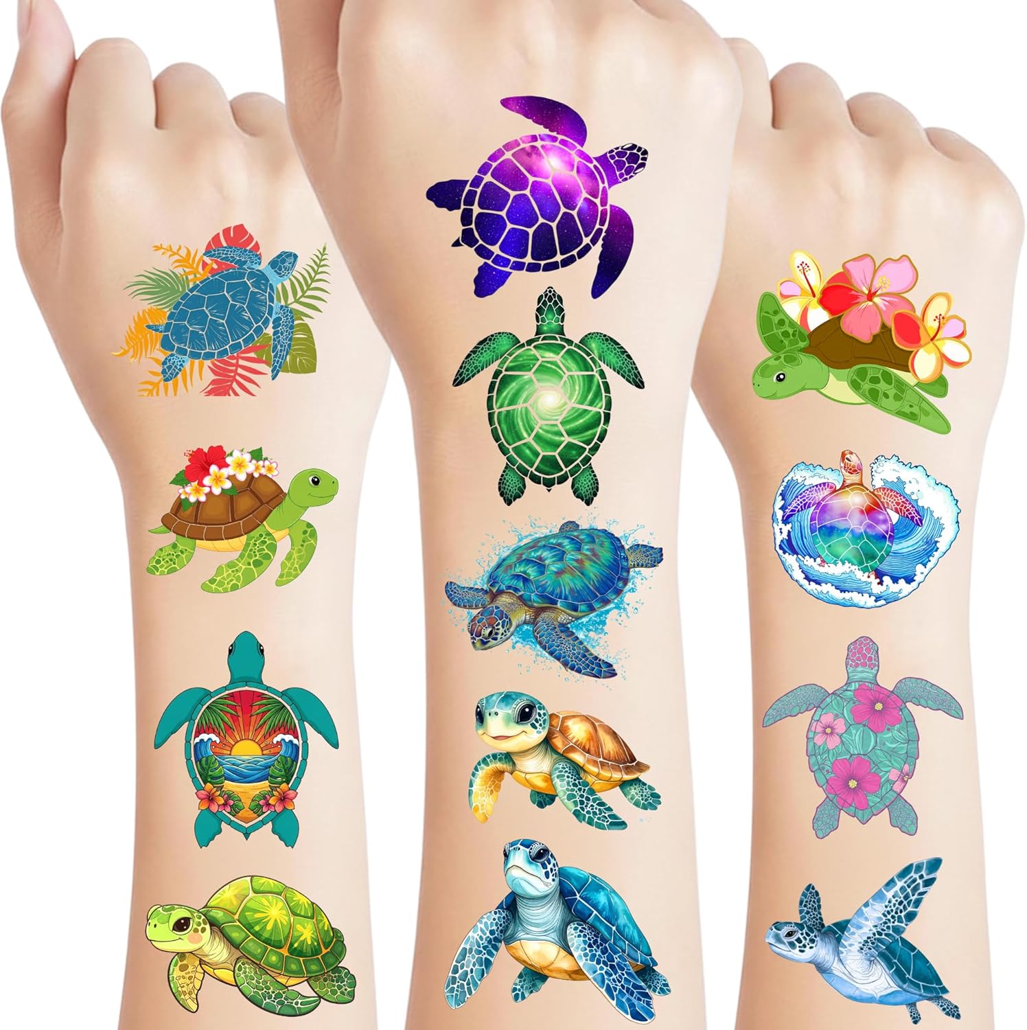 Jaurney Turtle Temporary Tattoos pack front view showing vibrant watercolor designs