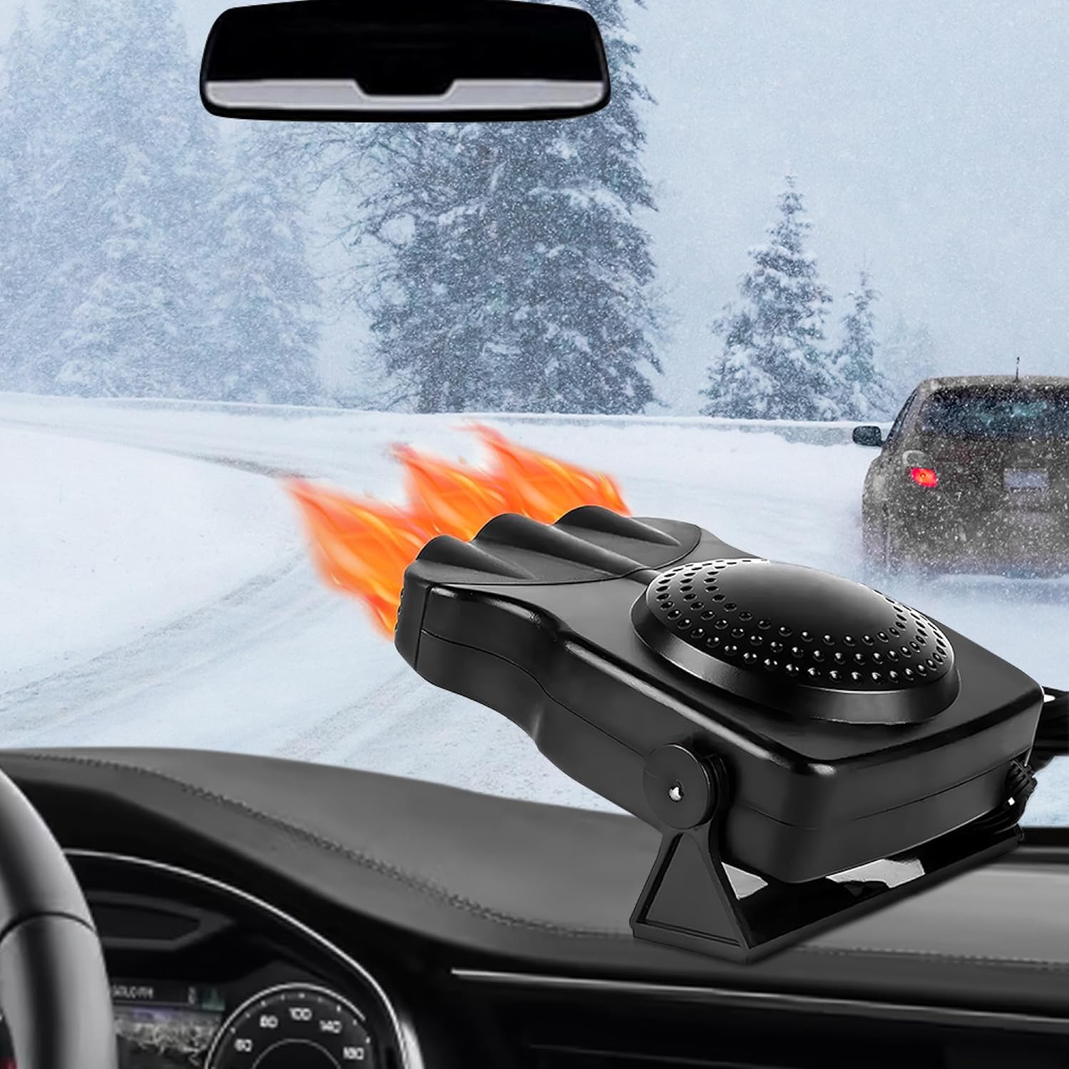 Riloer portable car heater front view on a vehicle dashboard showing compact design.