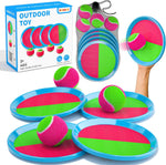 Bennol toss and catch ball game set front view showing four colorful paddles and four fuzzy balls.