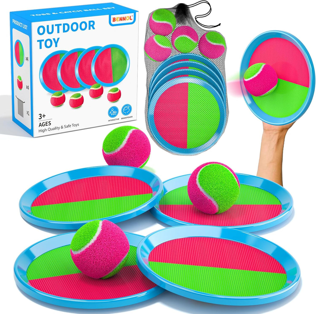 Bennol toss and catch ball game set front view showing four colorful paddles and four fuzzy balls.