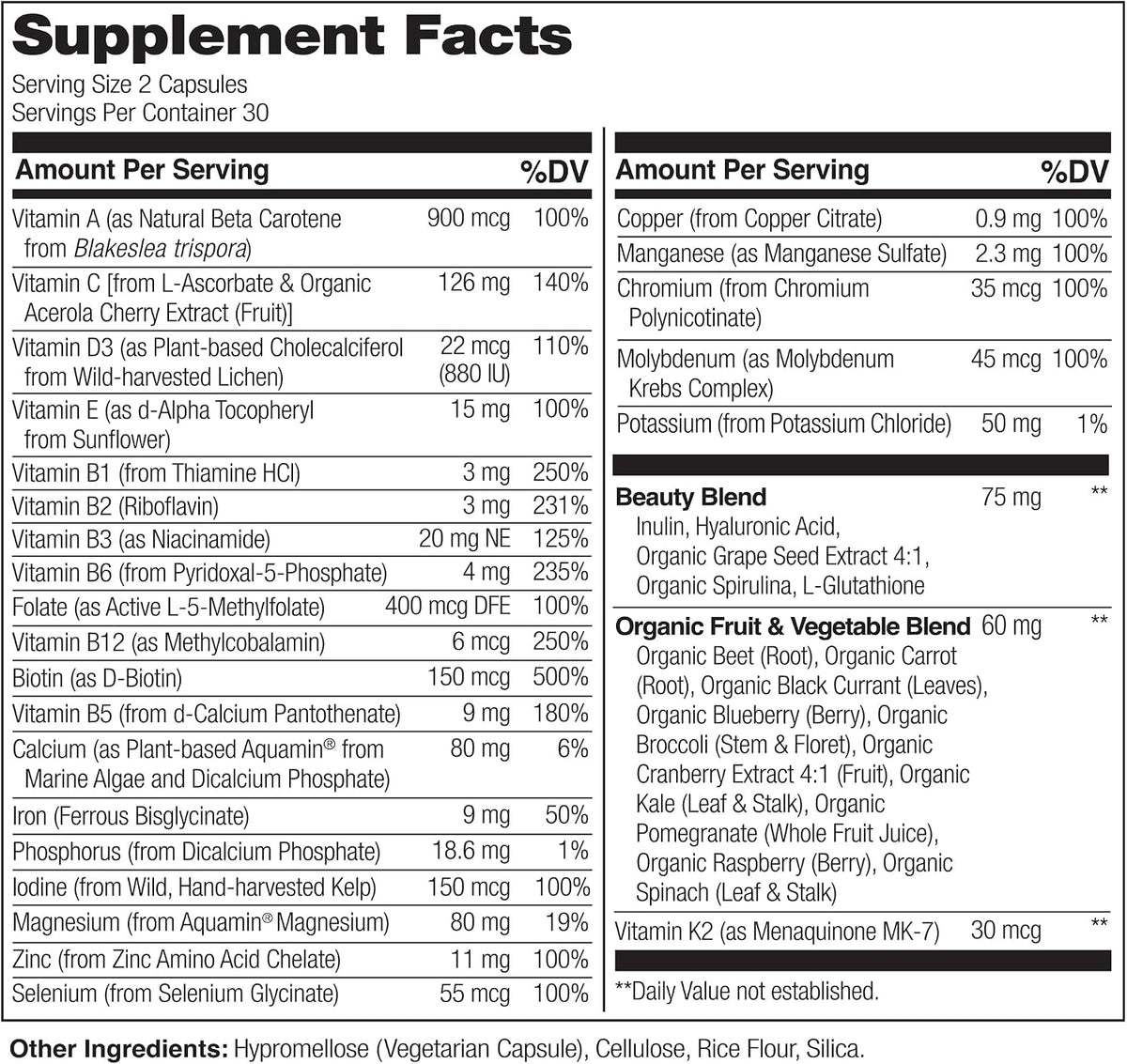 Naturelo vegan capsules ingredient list closeup
