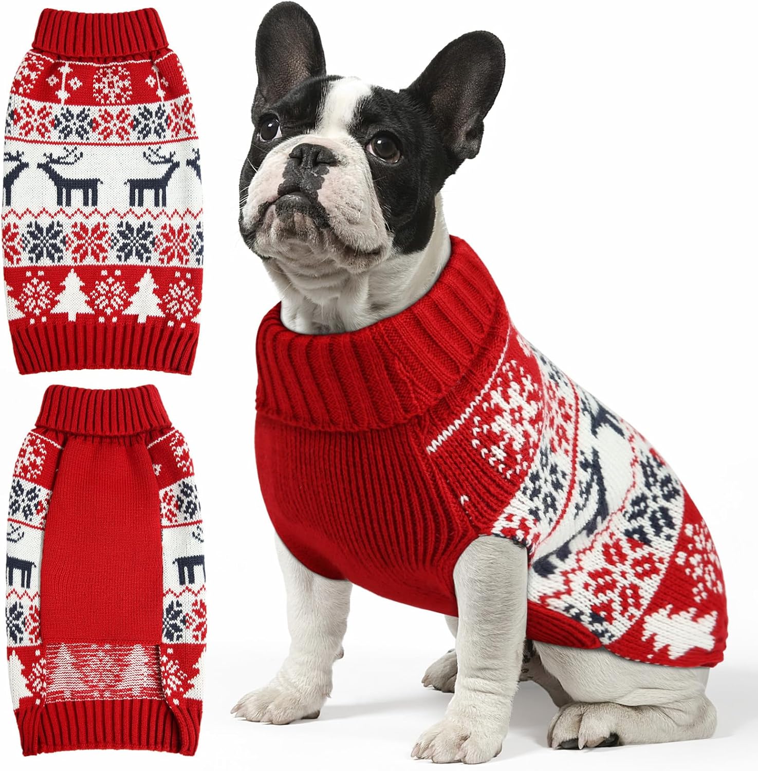 AURUZA Christmas dog sweater front view showing the festive red reindeer and snowflake design on a medium pet.