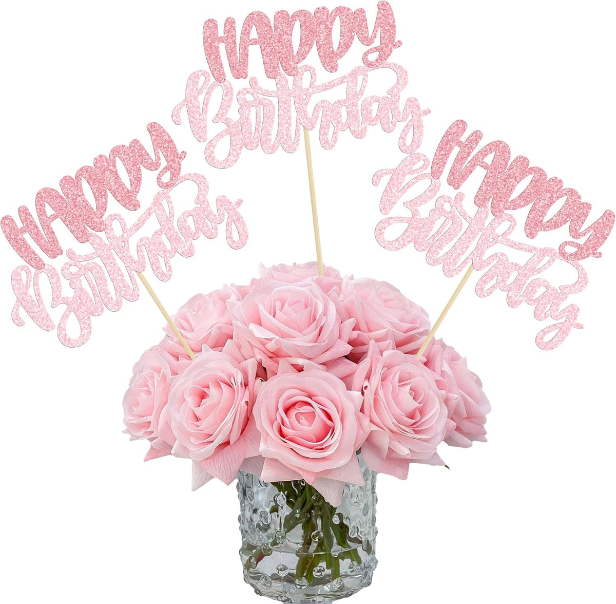 Gyufise 12 piece happy birthday centerpiece sticks pink front view