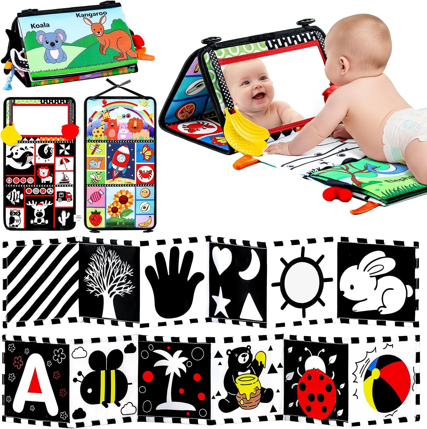 Poikshark high contrast black and white baby toys front view during tummy time play.