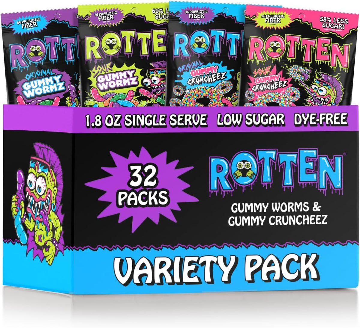 Rotten Sour Gummy Worms - Low Sugar, Low Calorie, 4g Prebiotic Fiber and 2g Protein, Gluten Free Candy - 5.3 oz Share Pack [2 Pack] - Image 15