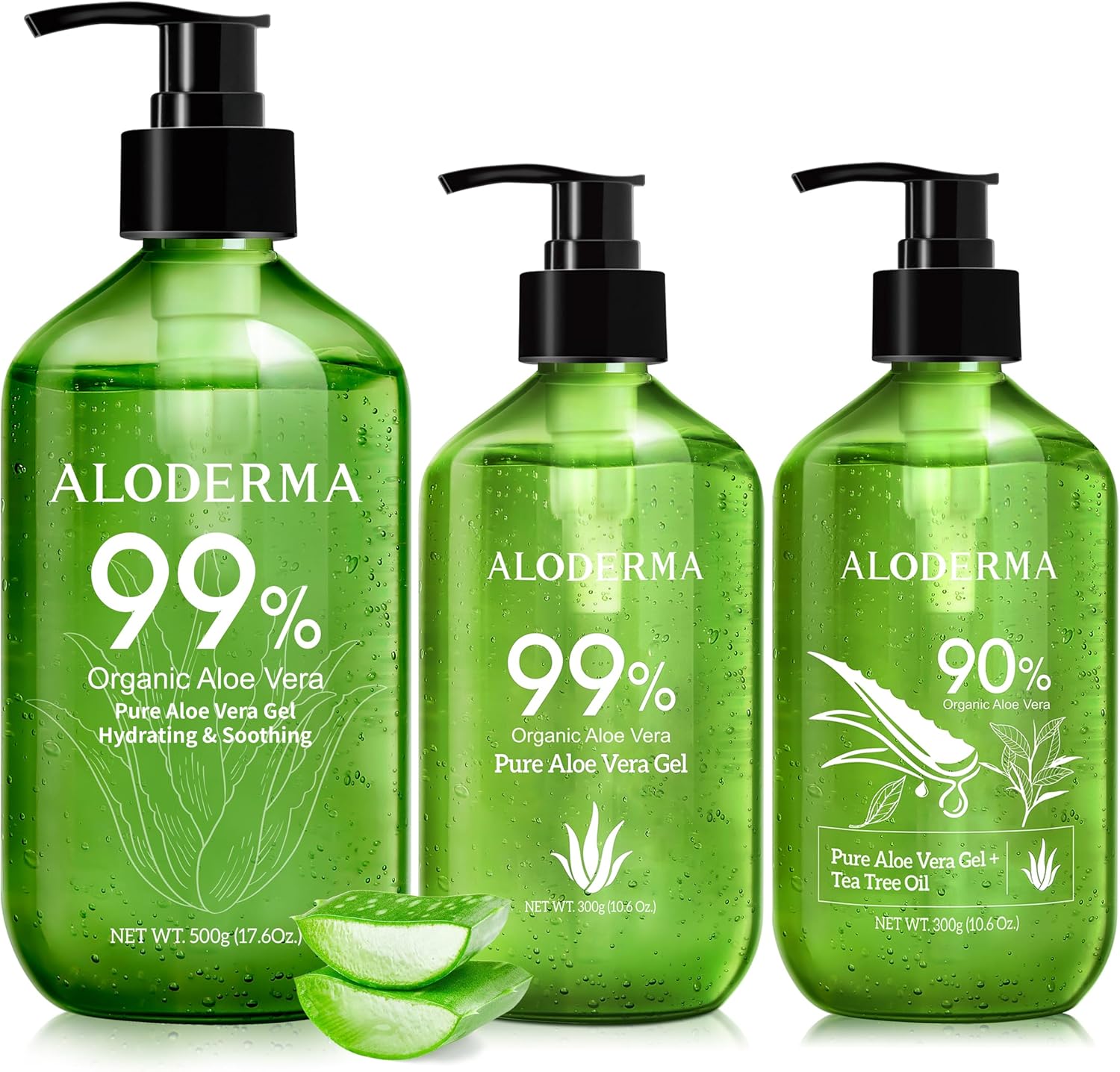 Aloderma Aloe Vera Gel Set three pieces front view showing the organic skincare packaging.