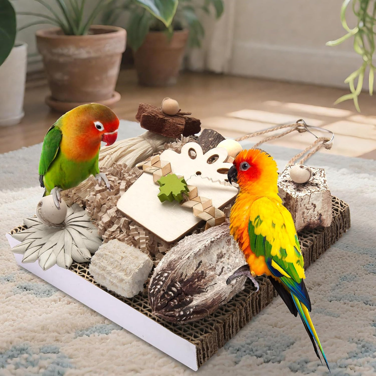 Lovebirds playing with an interactive eco-friendly cardboard shredder toy lifestyle view