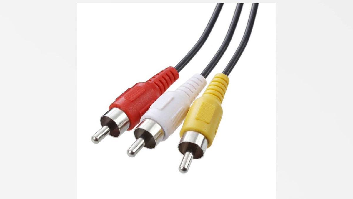 Full length view of RocketBus RCA composite connection wire for gaming console and DVD setup.