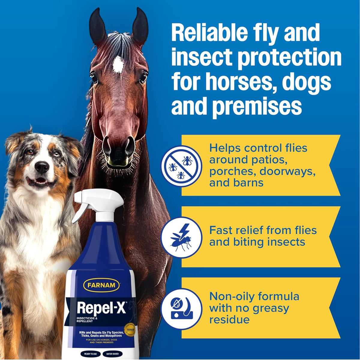 Farnam Repel-X equine fly protection spray side view illustrating the liquid level and application instructions