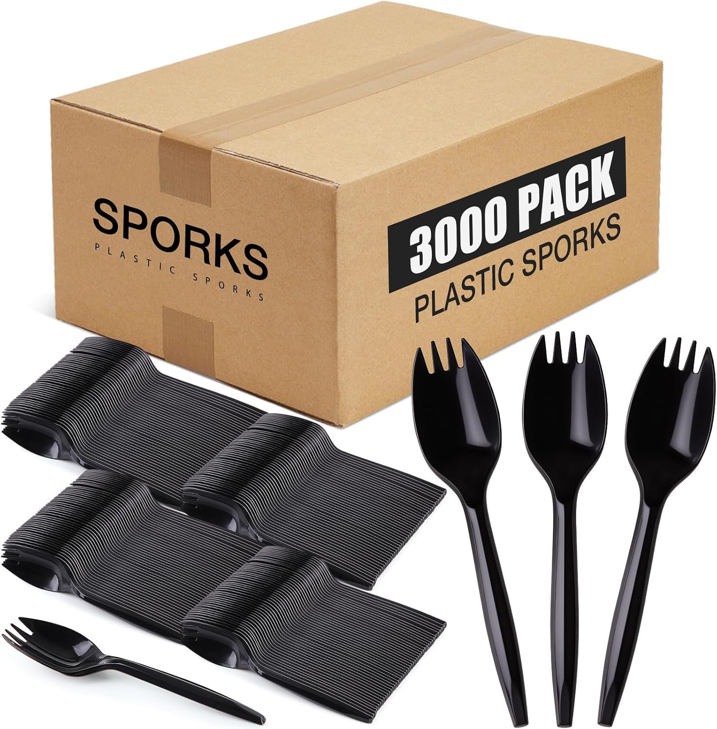 Eaasty 3000 Count Plastic Disposable Sporks Bulk Cutlery Spork 2 in 1 Heavy Weight Fork Spoon for Thanksgiving Fall Outdoor Activities School Picnics Parties Restaurants(Black) - Image 1