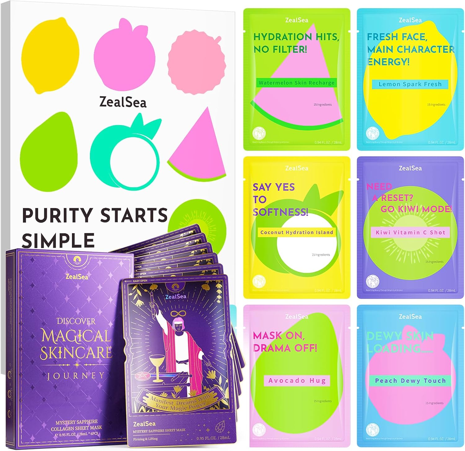 ZealSea Clean Beauty Face Mask and Magic Face Mask Set packaging front view showing colorful variety packs.