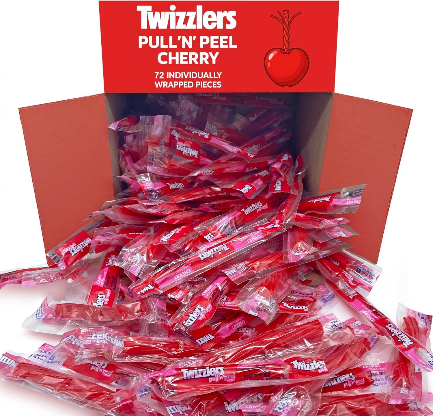 Munchique Pullin Peel Cherry Licorice Candy front pack view showing individually wrapped red chewy candies