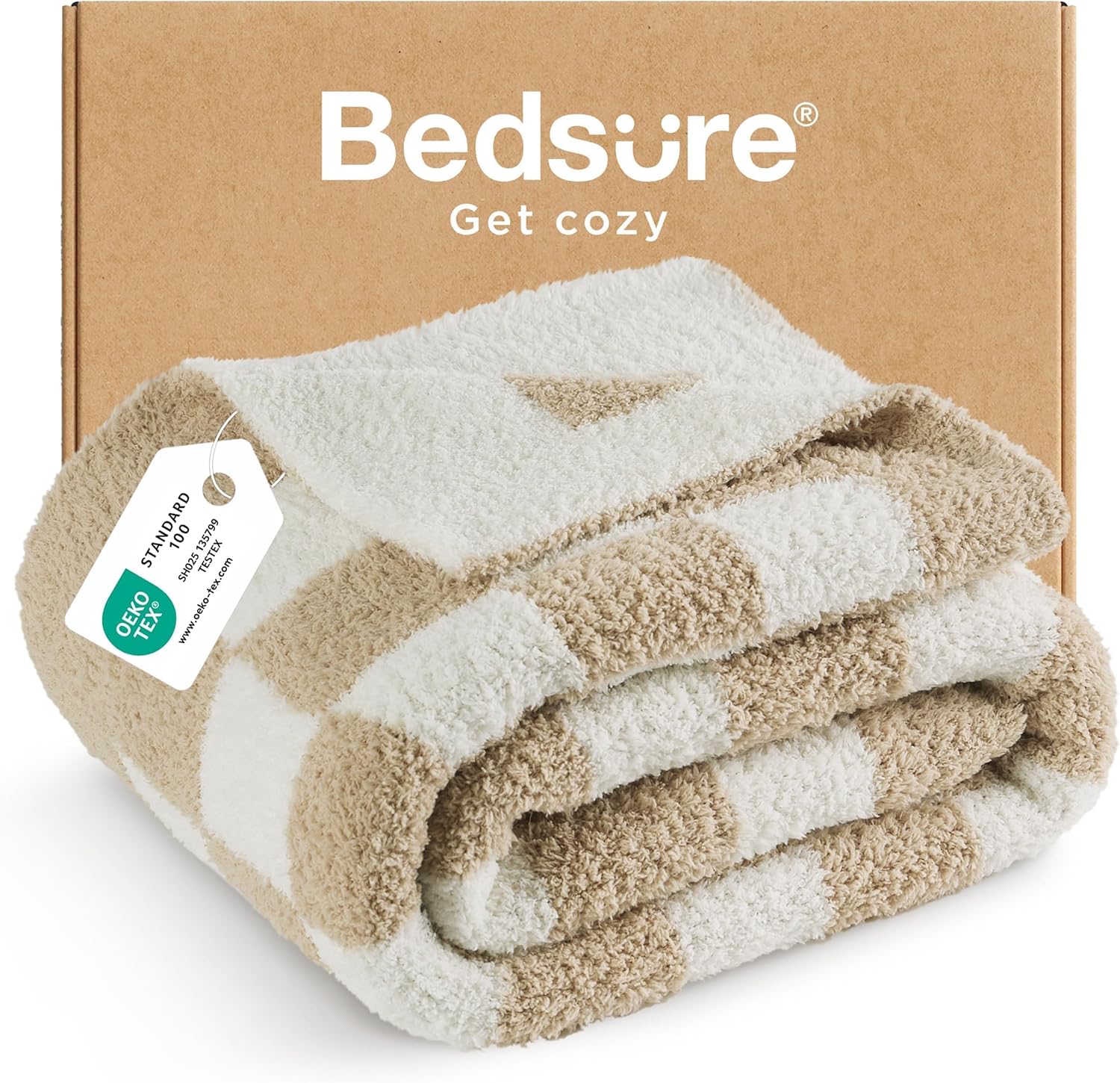 Bedsure GentleSoft checkered throw blanket in beige draped on a sofa