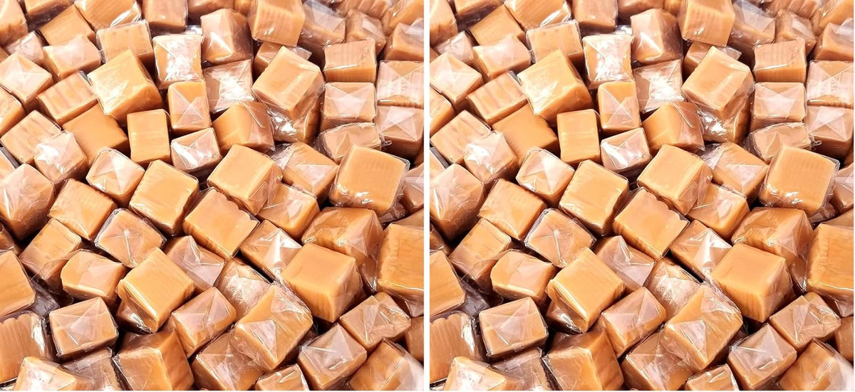 Individually packaged gourmet chewy caramels displayed for party candy dishes.