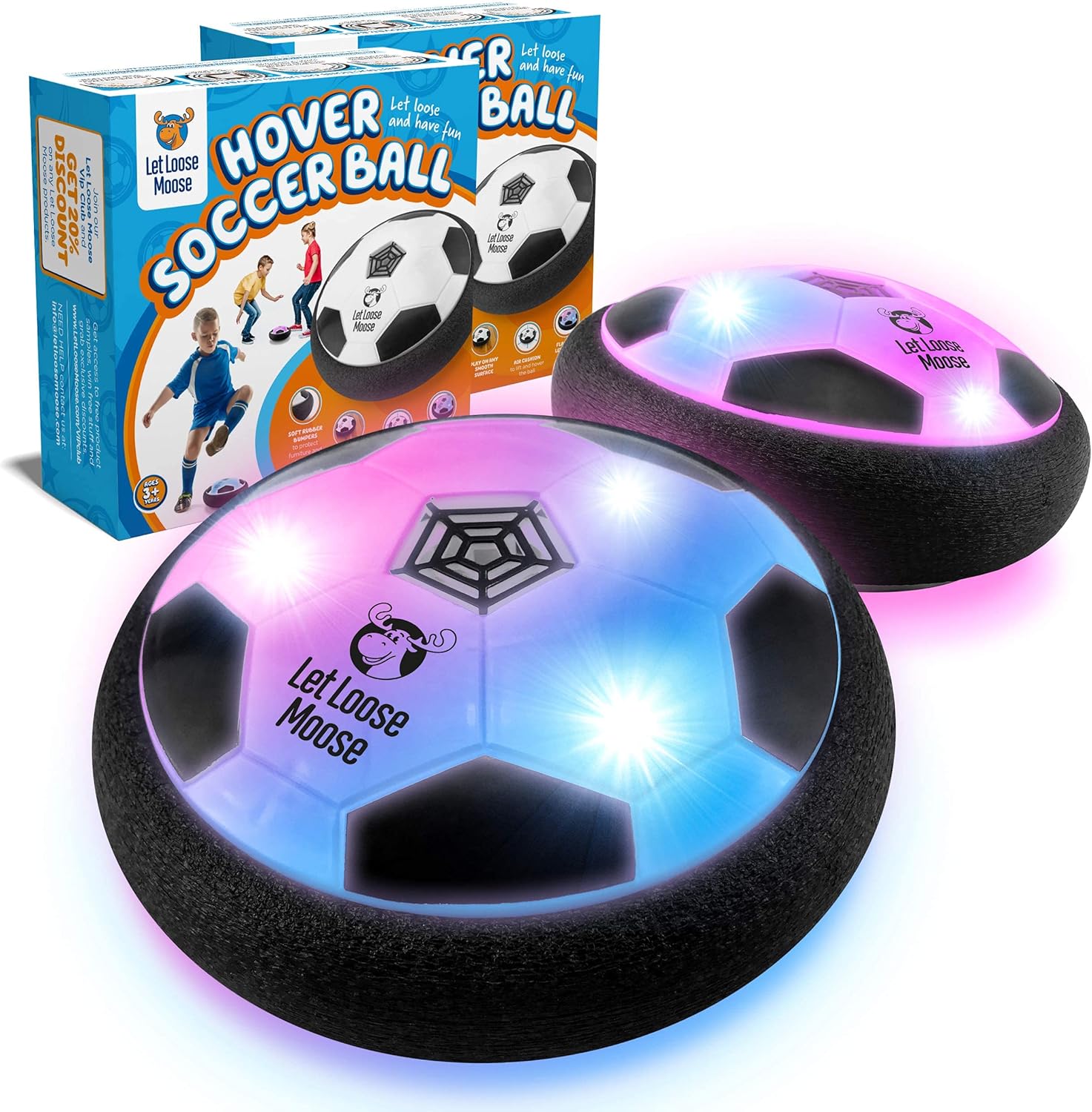 Let Loose Moose Hover Soccer Ball front view showing the dual pack in individual boxes with glowing LED lights.