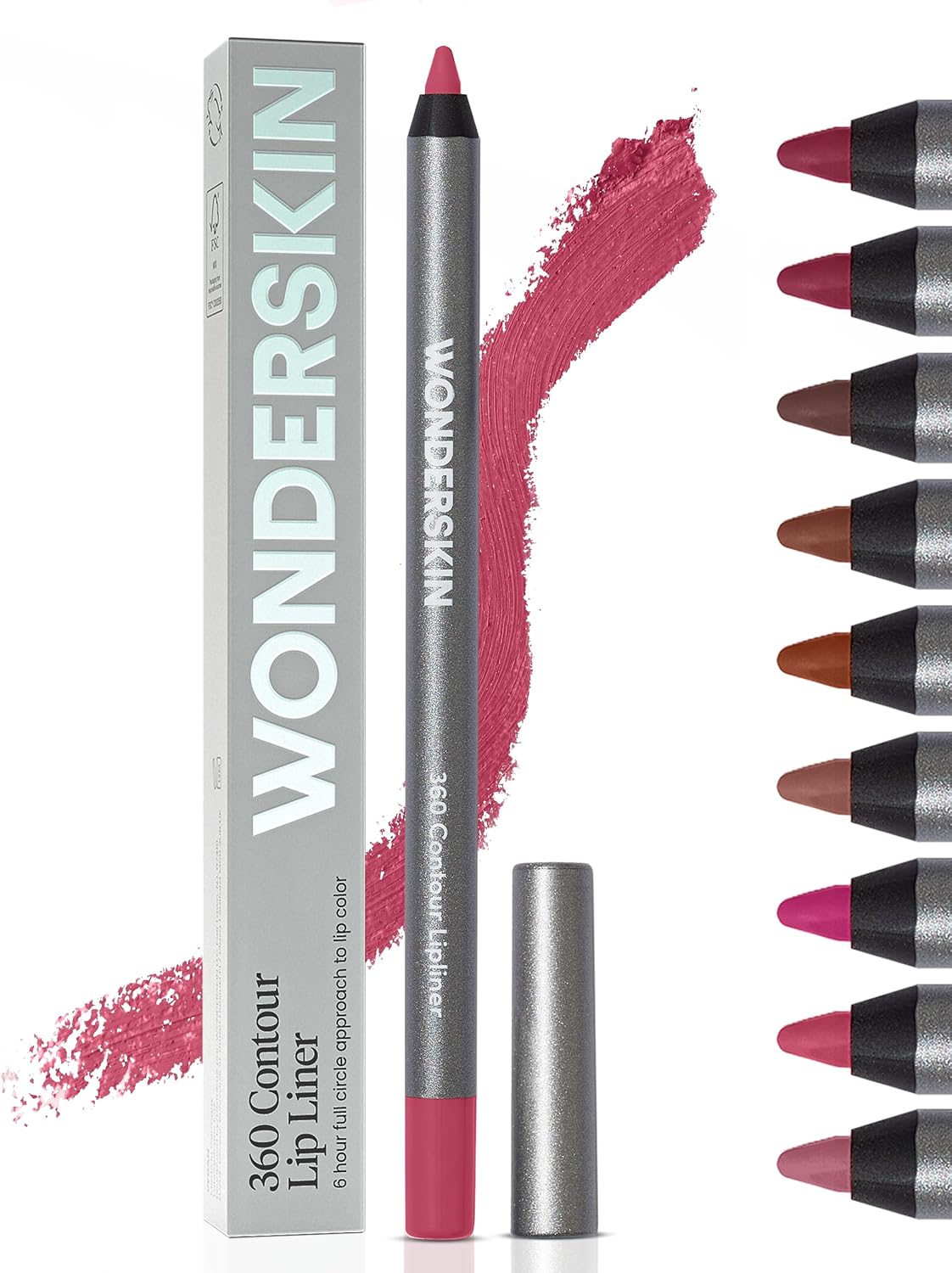 Wonderskin 360 Contour Lip Liner Pencil in Rosewood front view showing the sharpened tip.