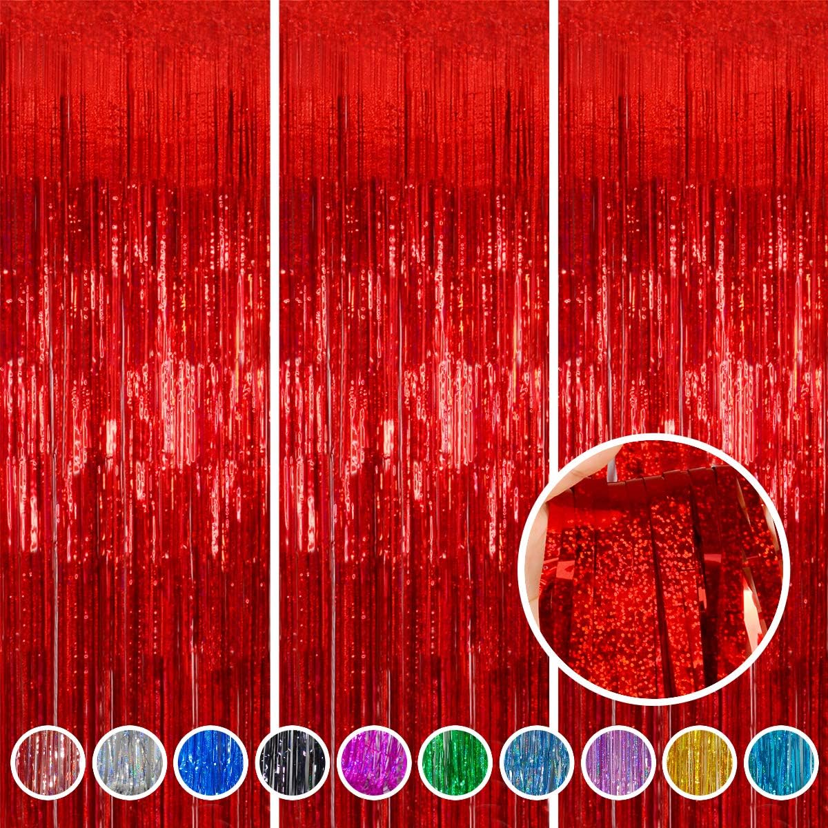 Melsan Red Foil Fringe Curtains front view pack of three party background
