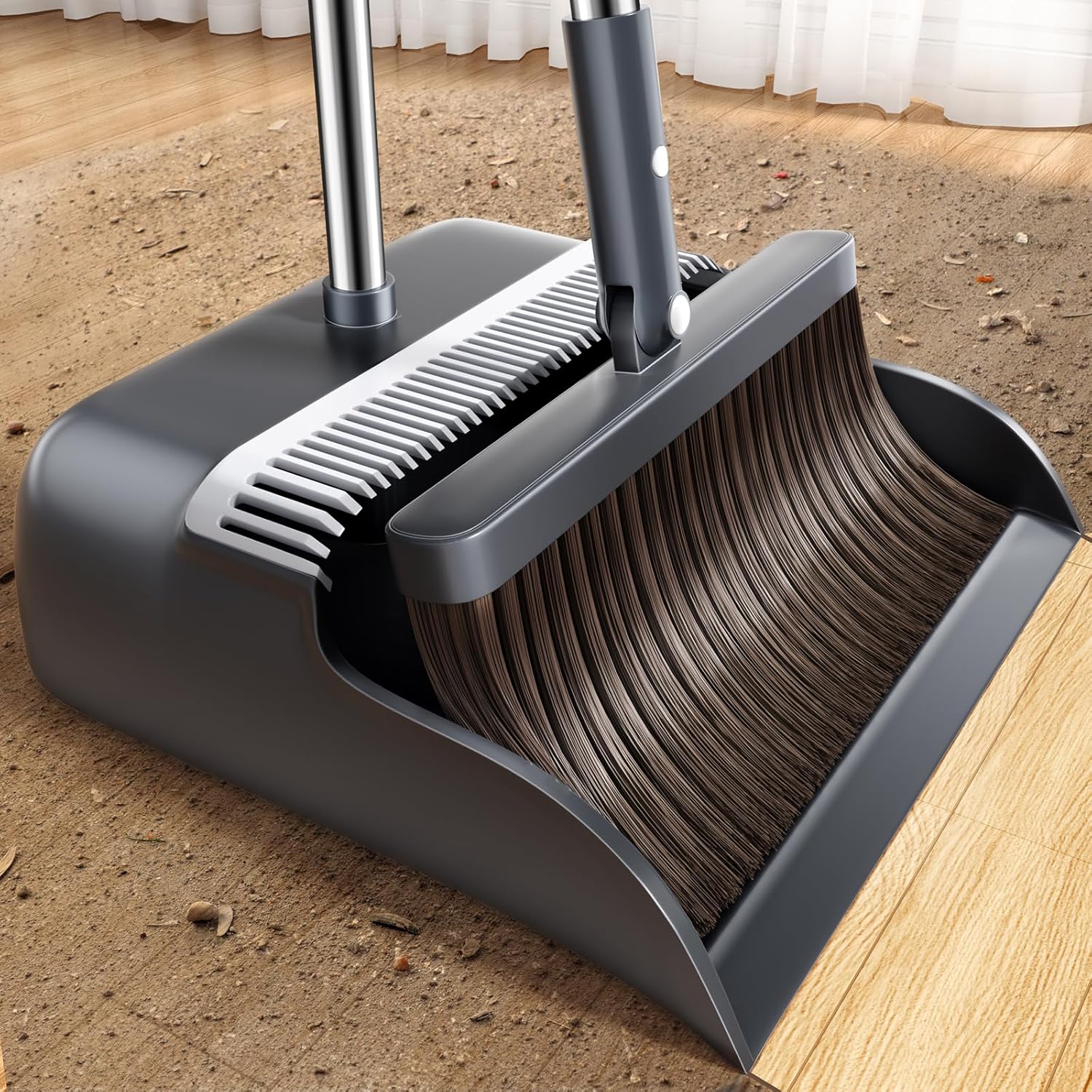 Gleynest broom and dustpan combo set front view showing long handle and black upright dustpan