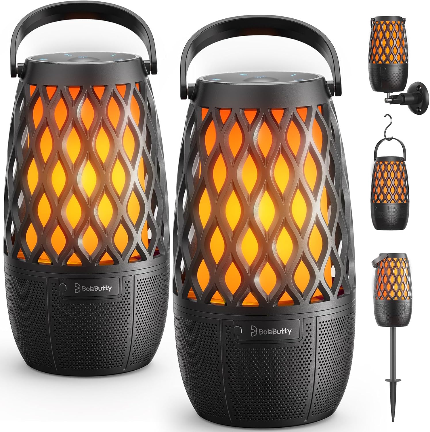 BolaButty outdoor bluetooth speaker pair showing front mesh design and glowing amber light