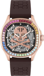 Philipp Plein PWRAA0923 skeleton dial and silicone strap close up