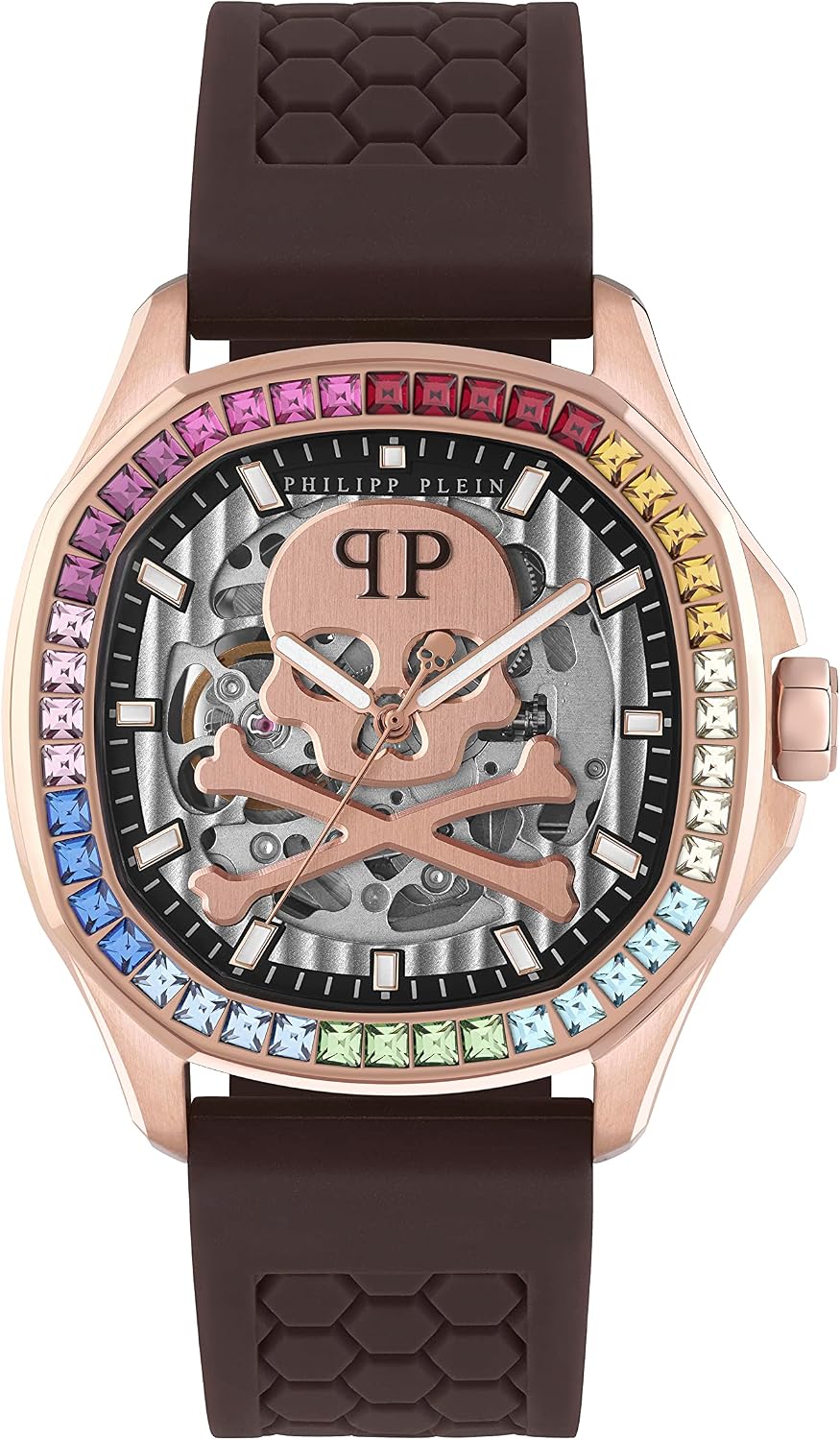 Philipp Plein PWRAA0923 skeleton dial and silicone strap close up