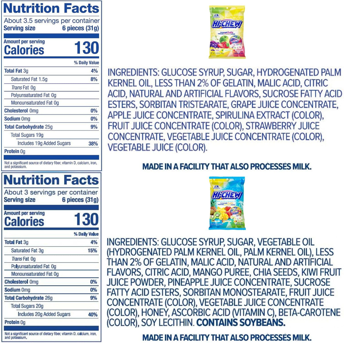 Authentic USA imported HI-CHEW sweet and sour chewy candy bags arranged on a surface.