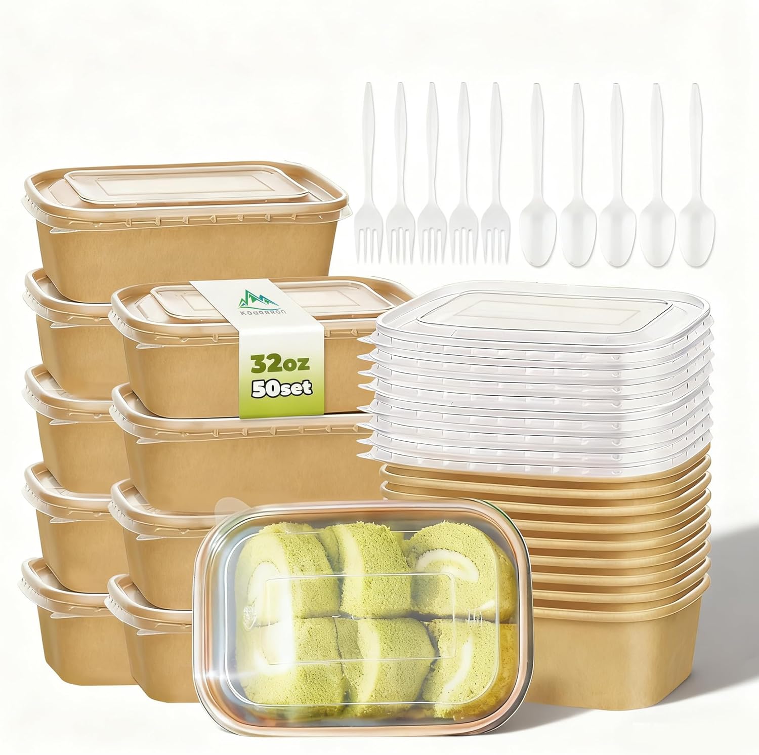 Kaderron 50 Pack 32 Fluid Ounce Large Paper Bowls with Lids front view and included cutlery set