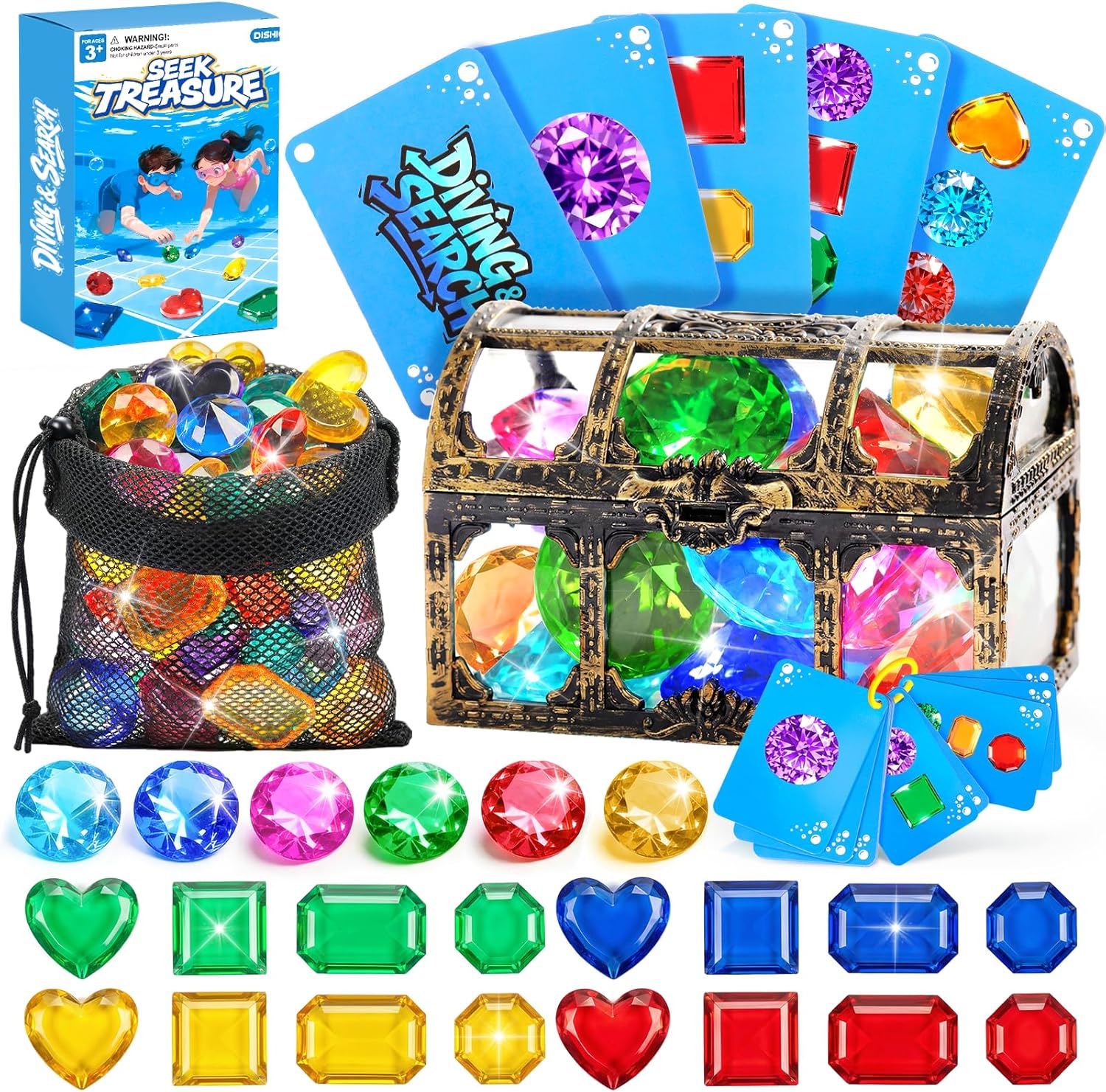 DISHIO diving toys for kids treasure hunt set front view showing pirate chest and colorful gems
