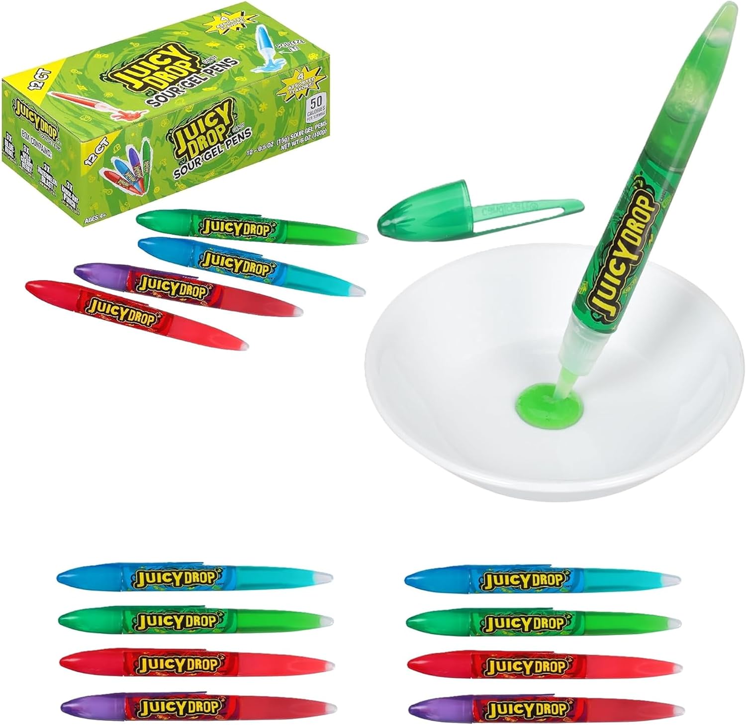 Juicy Drop Sour Candy Gel Pen twelve pack front view showing assorted fruity flavors.
