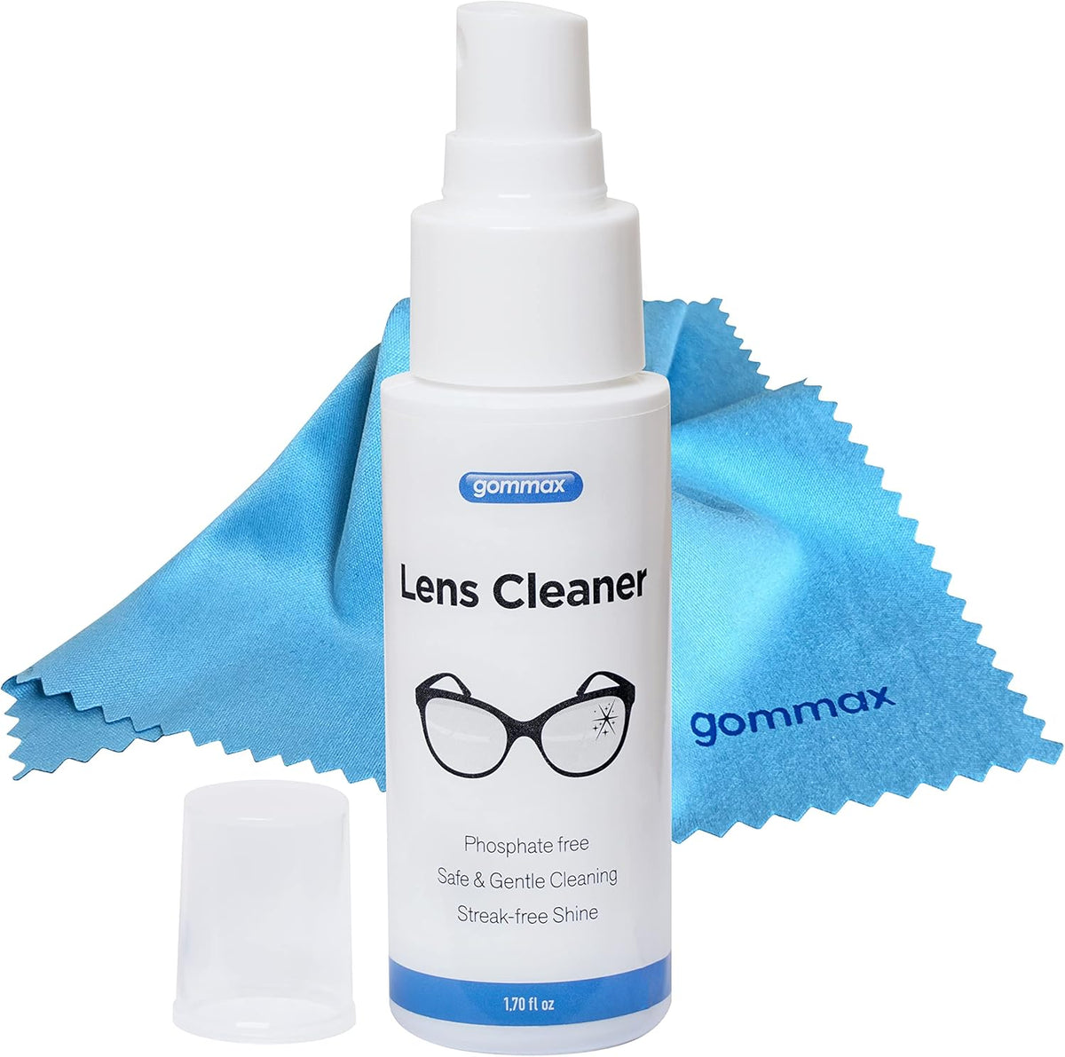 Gommax Lens Cleaner Kit front view displaying the spray bottle and blue microfiber cloth.