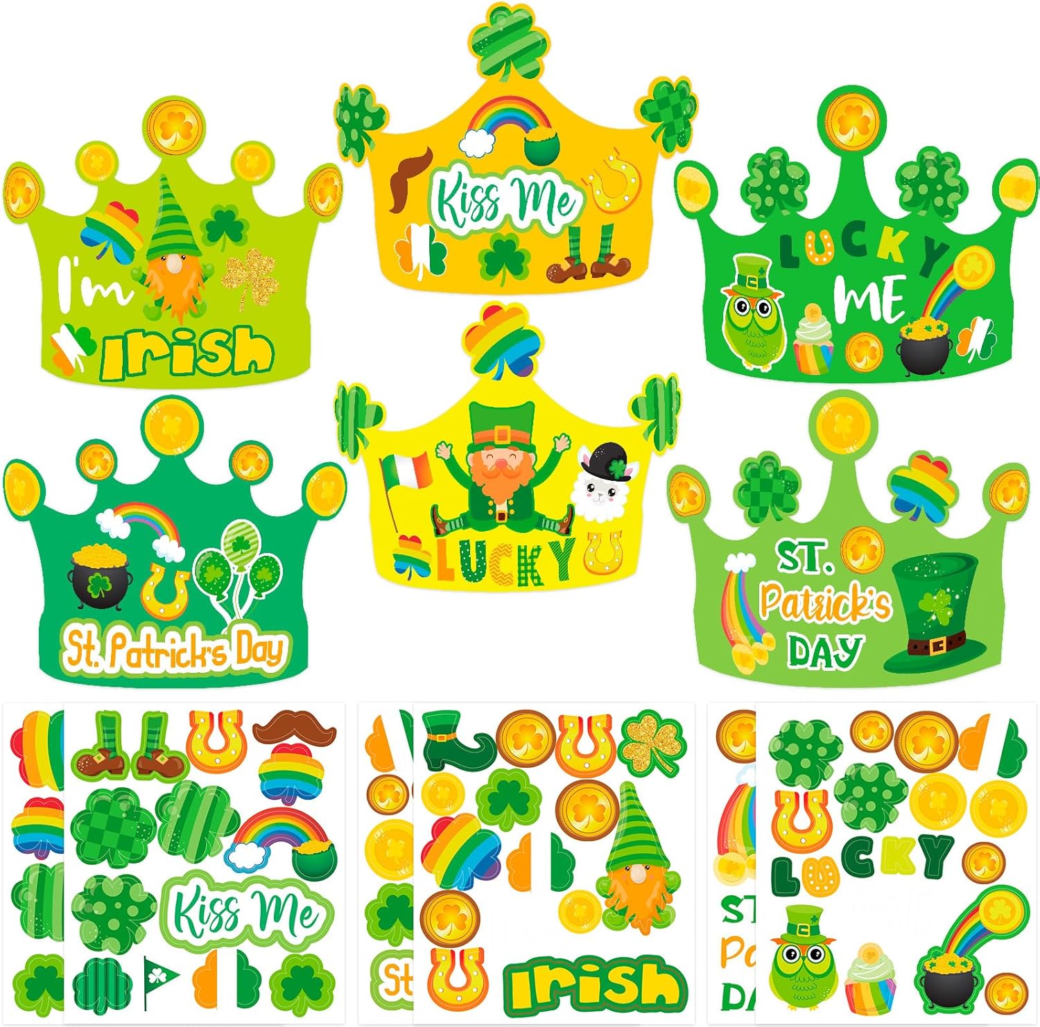 Fancy Land St Patricks Day Crown Craft Kit front view of packaging showing colorful shamrock paper hats
