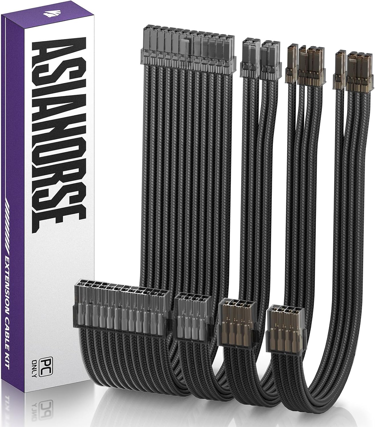 AsiaHorse 16AWG PSU cable extension kit front view showing braided cables and combs