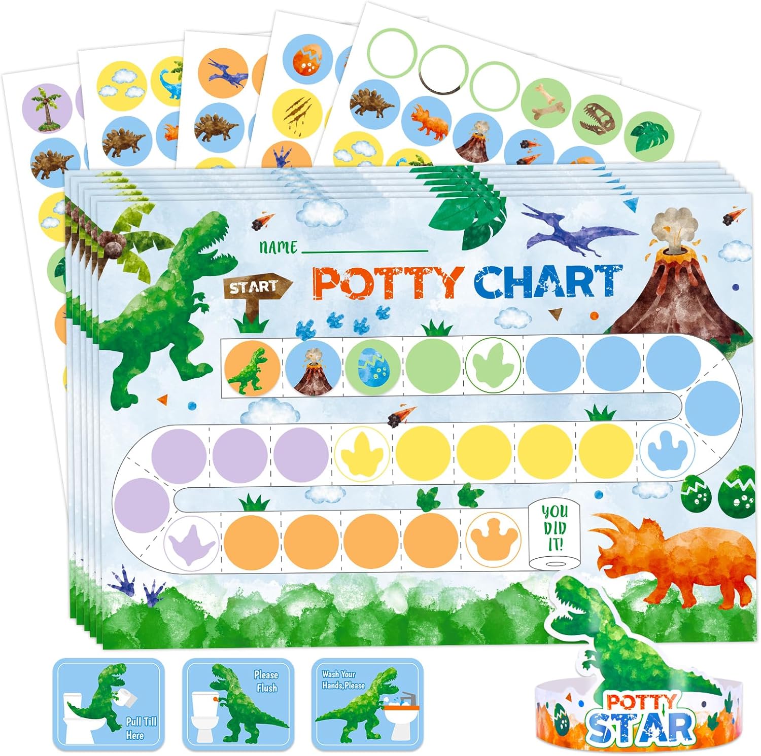 WERNNSAI dinosaur potty training chart kit front packaging view showing colorful stickers and wearable crown.