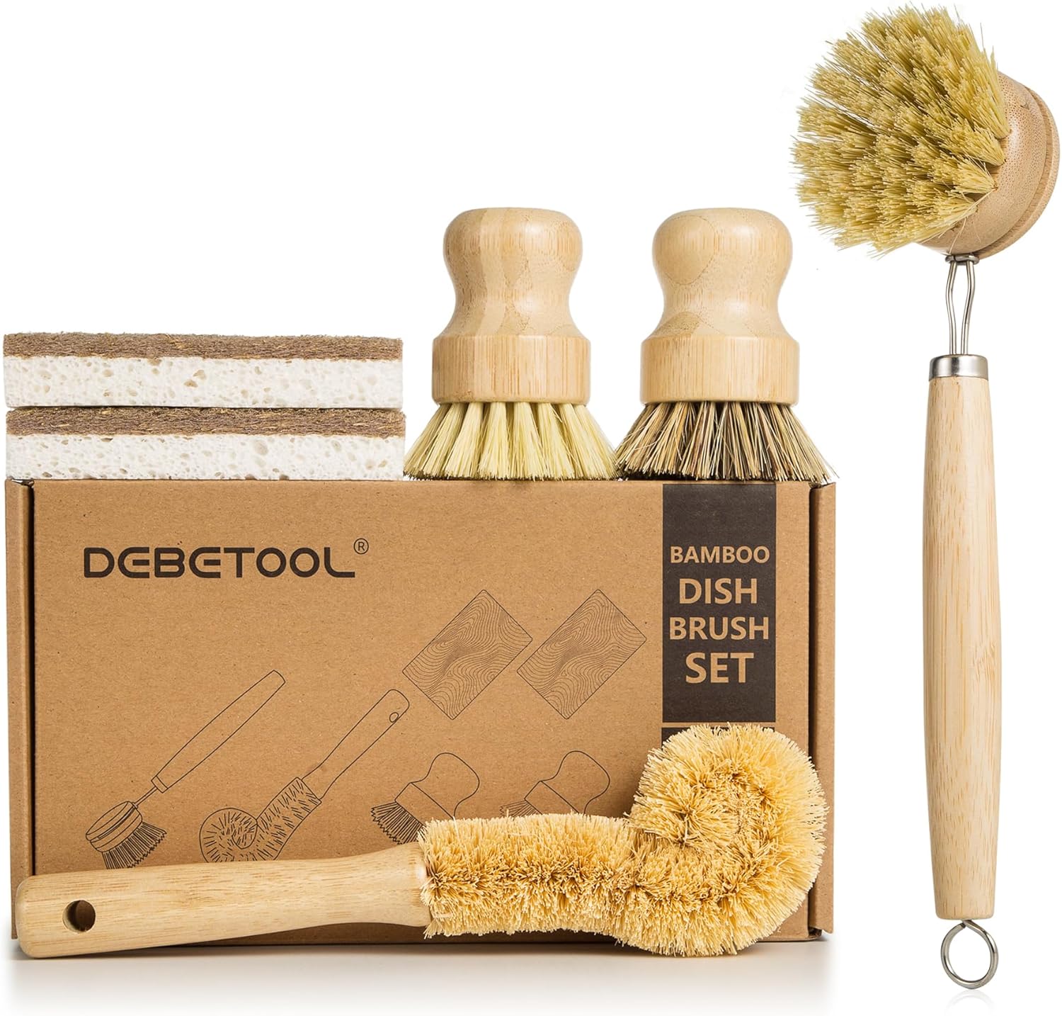 DEBETOOL 6 piece bamboo dish brush set front view eco friendly kitchen cleaning kit