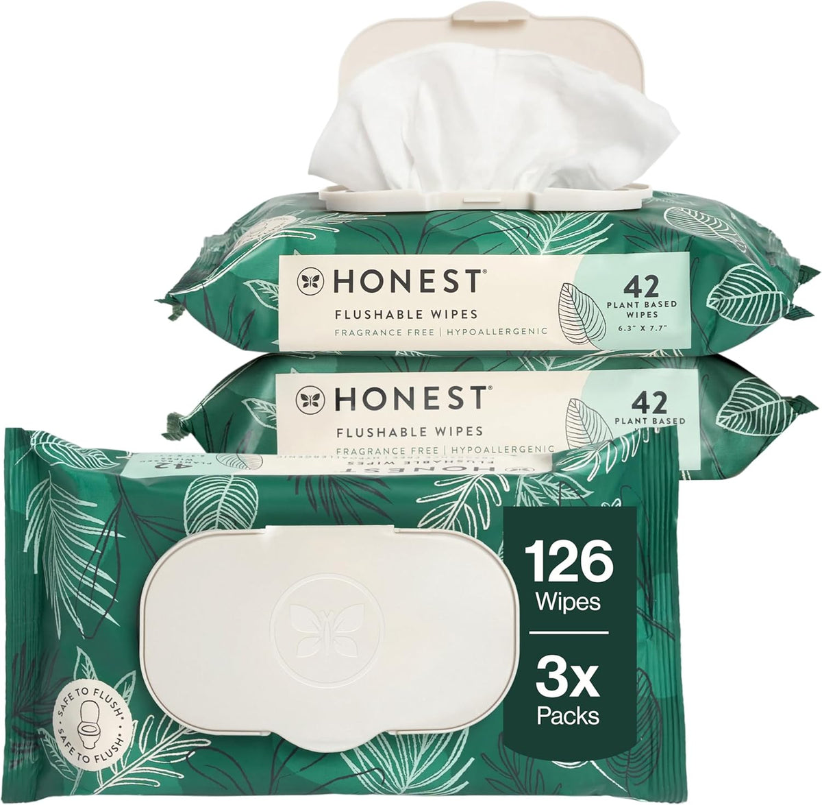 The Honest Company Hypoallergenic Flushable Wipes Tropical Leaves front packaging