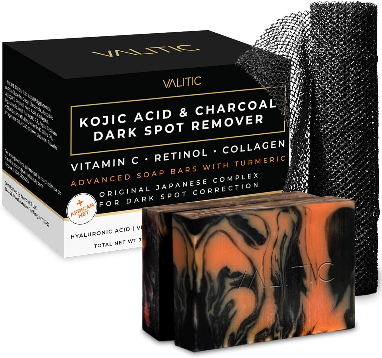 VALITIC Charcoal Kojic Acid Turmeric Black Soap Bar Dark Spot Remover for Body or Face Wash - 2 Pack and African Net Sponge - Image 1