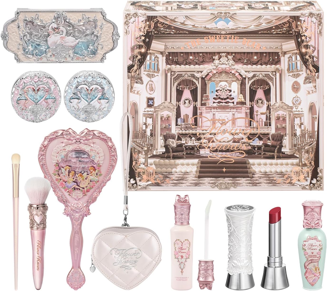 Flower Knows Swan Serenade makeup gift box set package front view displaying ornate castle illustration design