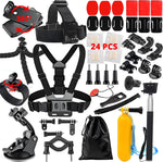 Lifelimit action camera accessories kit front view showing sixty two pieces layout.