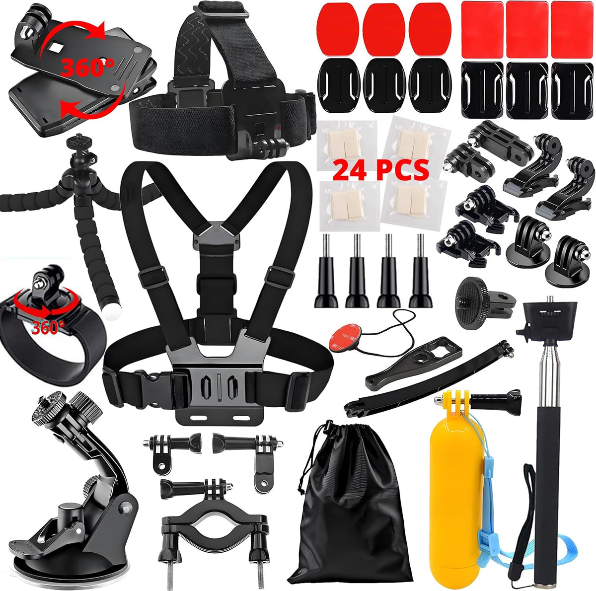 Lifelimit action camera accessories kit front view showing sixty two pieces layout.