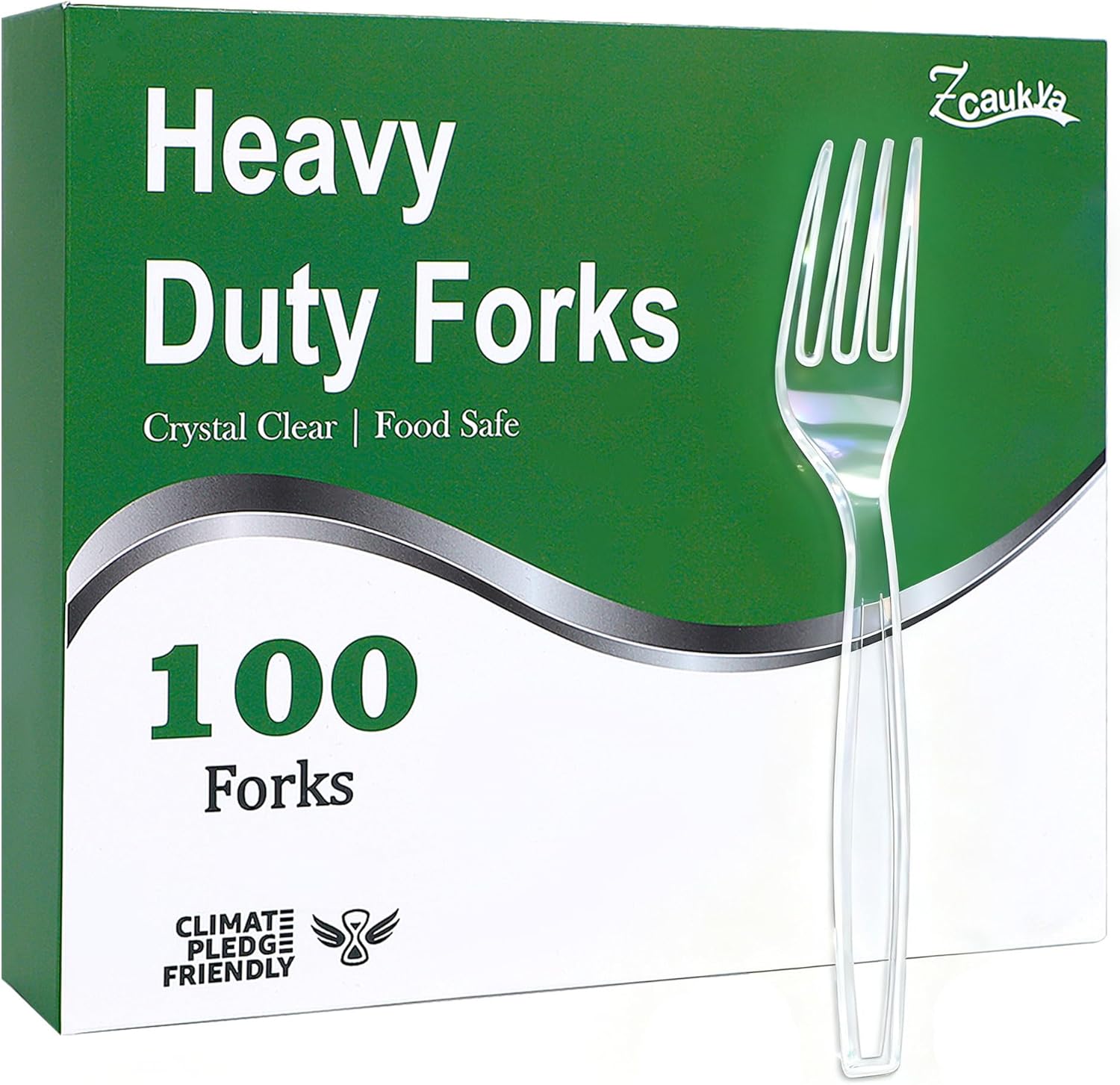 Zcaukya 100 Count Disposable Plastic Forks Set front view displaying premium clear cutlery bulk pack.