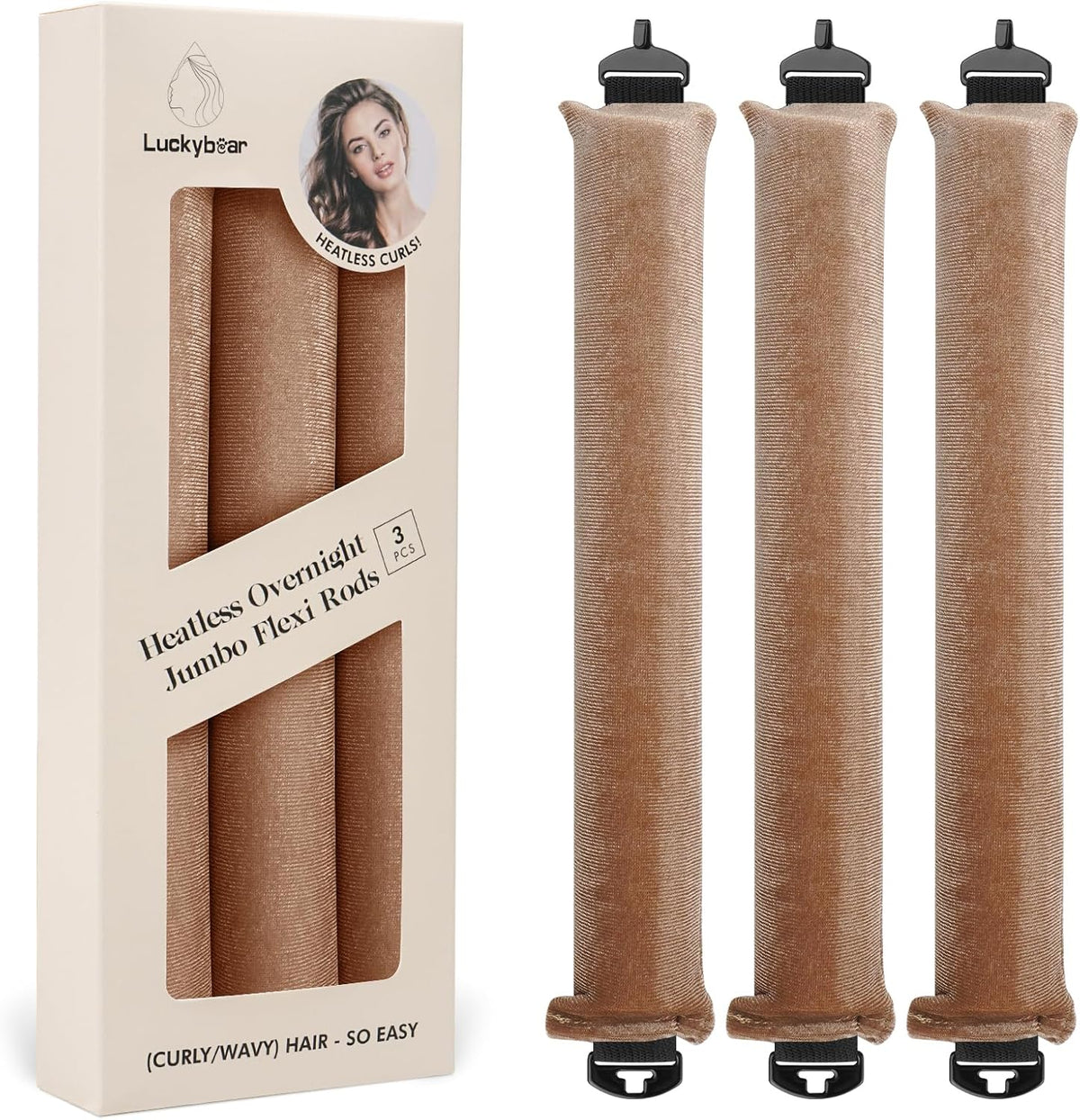 Luckybear overnight heatless hair curler jumbo rods front view showing three khaki satin rollers