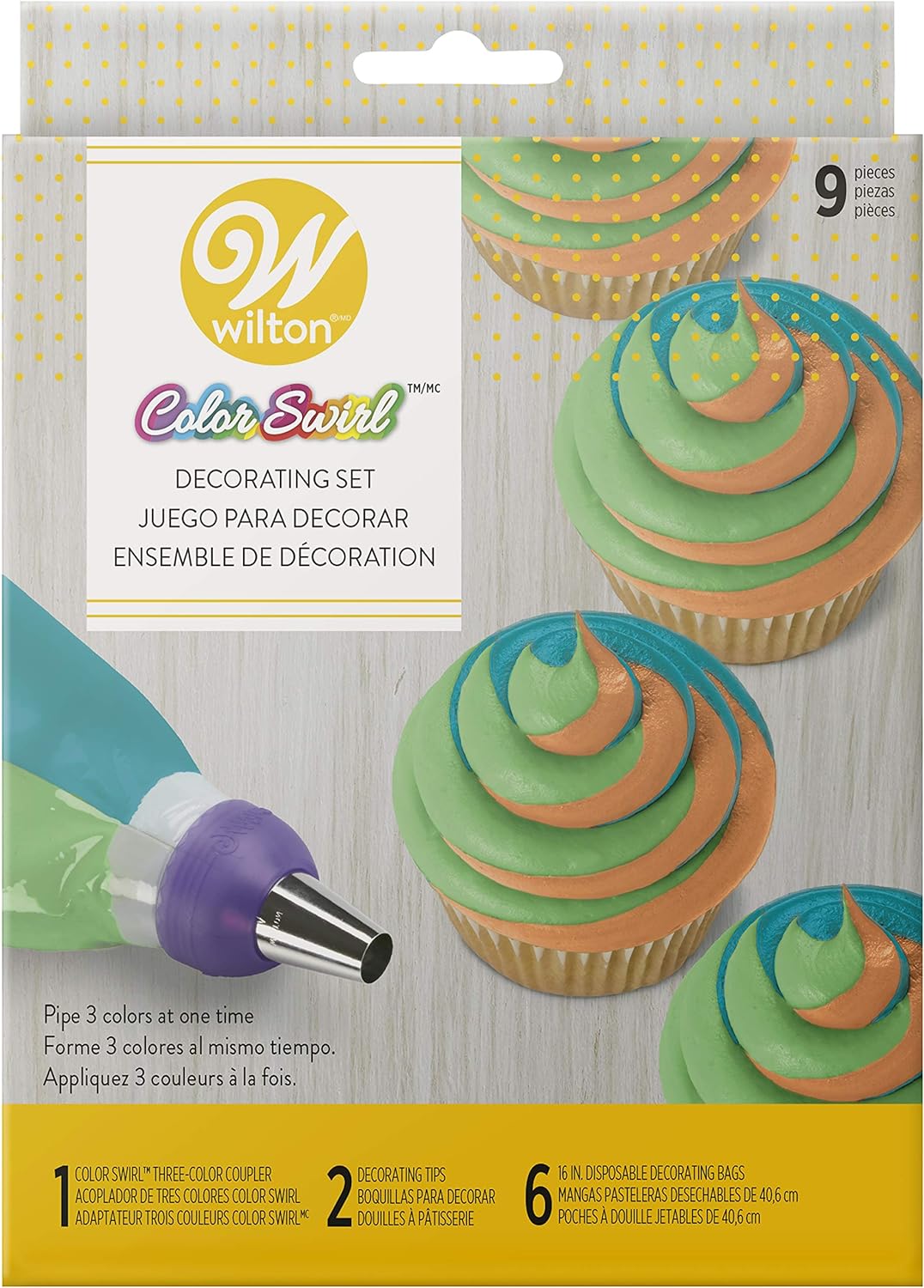Wilton color swirl icing kit front view packaging and contents